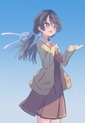 Rule 34 | 1girl, :d, black hair, blue background, blue ribbon, blush, brown cardigan, brown dress, cardigan, commentary request, cowboy shot, dress, floating hair, gradient background, grey eyes, hair ribbon, hand on own chest, hand up, hasu no sora school uniform, highres, junnatsu, link! like! love live!, long hair, long sleeves, looking ahead, love live!, low twintails, medium dress, mole, mole on neck, murano sayaka, neckerchief, open cardigan, open clothes, open mouth, pleated dress, red neckerchief, ribbon, sailor collar, sailor dress, school uniform, sleeves past wrists, smile, solo, twintails, virtual youtuber, white sailor collar, winter uniform