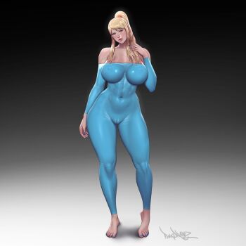 Rule 34 | 1girl, barefoot, blonde hair, blue eyes, blue nails, blue unitard, breasts, cameltoe, covered navel, impossible clothes, large breasts, latex, long hair, looking at viewer, metroid, nail polish, nintendo, pinkdrawz, samus aran, sidelocks, solo, thick lips, thick thighs, thighs, toenail polish, toenails, toes, watermark, web address