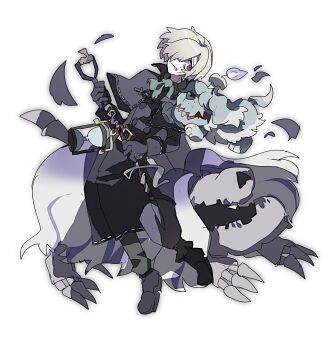 1boy albino andrew_kreiss ascot black_capelet black_coat black_gloves black_shoes blonde_hair capelet coat cross cross_necklace cross_scar crossover dusk_ball facial_scar floating_clothes floating_hair gloves greavard green_ascot green_pants hair_over_one_eye highres holding holding_poke_ball houndstone identity_v jewelry looking_at_viewer male_focus mdr_31 necklace nintendo pants poke_ball pokemon pokemon_(creature) red_eyes scar scar_on_cheek scar_on_face shoes shovel