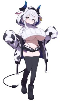1girl absurdres animal_ear_hood animal_ears animal_print belt black_eyes black_shoes black_shorts black_thighhighs blue_horns breasts closed_mouth cow_ears cow_print cow_print_jacket cropped_sweater demon_girl demon_horns demon_tail ear_tag fake_animal_ears full_body highleg highleg_panties highres hood hood_up hooded_jacket horizontal_pupils horns huge_breasts jacket long_hair long_sleeves looking_at_viewer matcha_(mattyan) micro_shorts navel open_clothes open_jacket open_shorts original panties panty_straps print_jacket revision shoes shorts simple_background sleeves_past_fingers sleeves_past_wrists solo sweater tachi-e tail thick_eyebrows thighhighs transparent_background underboob underwear white_belt white_hair white_sweater