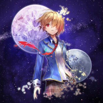 1girl absurdres brown_hair chinese_commentary commentary_request dazk dissolving galaxy hair_over_one_eye heaven_burns_red highres kayamori_ruka moon necktie partial_commentary planet red_eyes school_uniform sky star_(sky) starry_sky