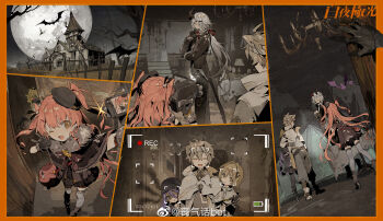 2boys 3girls ^_^ alchemy_stars animal_bag antenna_hair bag bare_tree bat_(animal) belt beret black_belt black_capelet black_coat black_footwear black_gloves black_headwear black_ribbon black_shirt black_skirt black_sleeves blonde_hair border bow bowtie brown_belt camera capelet chandelier character_request chinese_commentary closed_eyes closed_mouth clothing_cutout coat collared_jacket collared_shirt colored_eyelashes combat_helmet commentary_request copyright_name curtains demon_horns fence fingerless_gloves frilled_capelet frills from_behind from_side frown full_moon fur_scarf gloves grass grey_hair grey_leg_warmers grey_pants grey_scarf grey_thighhighs grey_wrist_cuffs hair_between_eyes hair_ornament hair_ribbon hairclip halloween hallway hand_on_own_chin hand_on_own_elbow hat haunted_house_(attraction) headband heart heart_hair_ornament helmet high_collar highres holding holding_camera horns indoors jacket jacket_partially_removed lamp lapels leg_warmers living_room long_hair long_sleeves looking_at_viewer mini_hat miniskirt moon multiple_boys multiple_girls multiple_views nervous_smile night o-ring o-ring_belt one_eye_closed open_clothes open_jacket open_mouth orange_border orange_eyes orange_hair outdoors pants pig pink_bag purple_bow purple_bowtie purple_eyes purple_hair red_eyes ribbon sang_qi_huabot scarf selfie sequential shaded_face shirt shoes short_hair shoulder_bag single_sleeve skirt sky sleeves_past_fingers sleeves_past_wrists smile stairs sweatdrop table tablecloth thigh_belt thigh_strap thighhighs tree two-sided_fabric two-sided_jacket two_side_up v very_long_hair viewfinder watermark weibo_watermark white_headband white_jacket white_shirt white_sleeves wrist_bow wrist_cuffs yellow_bow yellow_jacket zettai_ryouiki