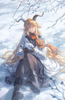 Rule 34 | 1girl, ahoge, animal ears, ankle boots, arknights, artist name, asymmetrical sidelocks, bare tree, black boots, black gloves, black pantyhose, black shirt, black skirt, blonde hair, blurry, blurry foreground, boots, branch, brown horns, closed mouth, coat, commentary, crossed bangs, day, degenbrecher (arknights), english commentary, full body, gloves, goat ears, goat girl, goat horns, hair between eyes, hair flowing over, hair spread out, helen zzhao, highres, holding, horns, jacket, knees up, lapels, light particles, light smile, long hair, long sleeves, looking at viewer, on ground, open clothes, open coat, open jacket, orange scarf, outdoors, pantyhose, scarf, shadow, shirt, shoe soles, sidelocks, sitting, skirt, smile, snow, snowball, snowing, snowman, solo, tree, twitter username, very long hair, white coat, white jacket, winter, yellow eyes