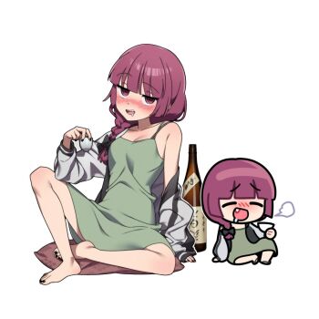 2girls barefoot black_nails blush bocchi_the_rock! bottle bra_strap braid breasts chibi choko_(cup) cleavage cup dot_nose dress drooling drunk fang fingernails full_body green_dress grey_jacket hiroi_kikuri holding holding_cup jacket jitome long_hair long_sleeves looking_at_viewer multiple_girls nail_polish nose_blush nyancul open_clothes open_jacket open_mouth purple_eyes purple_hair raised_inner_eyebrows sake_bottle sharp_teeth simple_background single_braid single_off_shoulder sitting sleeveless sleeveless_dress sleeves_past_wrists spaghetti_strap spread_legs teeth toenail_polish toenails toes white_background