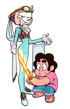 1boy 1girl alternate_costume child discount-supervillain forehead_jewel gem gem_(steven_universe) highres holding pale_skin pearl_(species)_(steven_universe) pearl_(steven_universe) pointy_nose shirt short_hair smile steven_quartz_universe steven_universe toon_(style) weapon