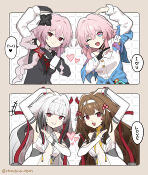 4girls absurdres animal_ears black_choker black_gloves breasts brown_eyes buttons china_dress chinese_clothes choker commentary_request dress earrings english_text evernight_(honkai:_star_rail) flower gloves headband heart highres honkai:_star_rail honkai_(series) horse_ears horse_girl jewelry korean_commentary long_hair march_7th_(honkai:_star_rail) march_7th_(preservation)_(honkai:_star_rail) mihoyo multicolored_eyes multiple_girls off_shoulder ooyun open_clothes pink_eyes red_eyes ribbon shirt tassel tassel_earrings two-tone_eyes very_long_hair white_hair ye_shunguang zenless_zone_zero