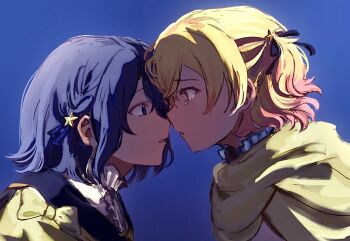 2girls aogu aogu_yozora_ni_hoshi_wa_magirete_(project_sekai) blonde_hair blue_background blue_eyes commentary derivative_work english_commentary eye_contact heartorbits highres hoshino_ichika_(project_sekai) looking_at_another multicolored_hair multiple_girls official_alternate_costume official_alternate_hair_length official_alternate_hairstyle parted_lips pink_hair project_sekai scene_reference short_hair shoujo_kageki_revue_starlight simple_background streaked_hair tears tenma_saki yuri