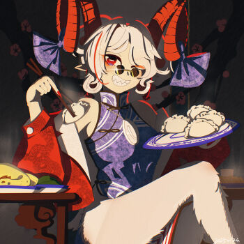 1girl absurdres bare_shoulders blue_vest breasts chinese_clothes chopsticks crossed_legs dated dumpling fingernails food goat_legs grin highres holding holding_chopsticks holding_plate horn_ornament horn_ribbon horns jacket jiaozi long_fingernails looking_at_viewer lsnsn medium_breasts medium_hair nail_polish open_clothes open_jacket plate red_eyes red_jacket red_nails ribbon round_eyewear sharp_fingernails sharp_teeth sheep_horns sitting smile solo sunglasses teeth touhou toutetsu_yuuma vest white_fur white_hair