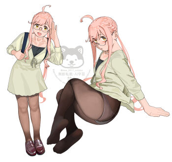 1girl absurdres ahoge alternate_costume brown_pantyhose brown_shoes dress glasses green_dress highres kantai_collection loafers long_hair makigumo_(kancolle) makigumo_kai_ni_(kancolle) multiple_views no_shoes ojipon open_mouth panties panties_under_pantyhose pantyhose parted_lips pink_hair shoes sidelocks simple_background standing twintails underwear white_background yellow_eyes