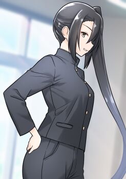 Rule 34 | 1girl, black eyes, black hair, black pants, black shirt, blurry, blurry background, breasts, commentary request, cowboy shot, crossdressing, crossdressing (ftm), from side, furaggu (frag 0416), gakuran, hair between eyes, hands on own hips, highres, indoors, kantai collection, long hair, long sleeves, looking at viewer, medium breasts, nachi (kancolle), open mouth, pants, school uniform, shirt, side ponytail, sidelocks, smile, solo, standing, teeth, very long hair