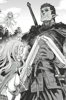 1boy 2girls ahoge angry armor asanagi bash_(orc_eiyuu_monogatari) black_sclera blank_eyes broken broken_sword broken_weapon cape colored_sclera dwarf fairy fairy_wings greyscale highres long_hair monochrome multiple_girls non-web_source novel_illustration official_art open_mouth orc orc_eiyuu_monogatari outdoors pointy_ears primera_(orc_eiyuu_monogatari) scar scar_across_eye scar_on_face scar_on_nose sheath sheathed sweatdrop sword sword_on_back tusks weapon weapon_on_back wings zell_(orc_eiyuu_monogatari)