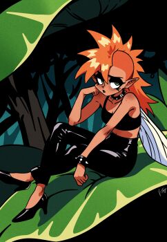 1girl absurdres black_choker black_eyeshadow black_lips black_pants black_shirt black_shoes body_freckles bracelet choker crop_top earrings eyelashes eyeshadow fairy fairy_wings freckles green_eyes hand_on_own_face high_heels highres jewelry leaf long_hair makeup midriff mohawk orange_hair original outdoors pants pointy_ears punk shirt shoes shoulder_freckles signature sitting solo spiked_bracelet spiked_choker spikes tree user_jazz4252 wings