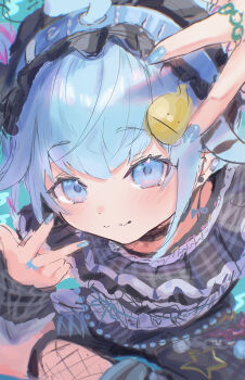 1girl absurdres black_choker blue_eyes blue_hair blue_nails choker closed_mouth fishnet_thighhighs fishnets highres hololive hololive_dev_is jewelry kama_boko17 looking_at_viewer mizumiya_su mizumiya_su_(flowglow_uniform) nail_polish official_alternate_costume ring smile solo thighhighs virtual_youtuber