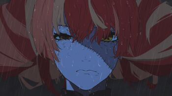 1girl chainsaw_man colored_skin commentary english_commentary expressionless eyelashes grey_skin heterochromia highres hololive hololive_indonesia kureiji_ollie patchwork_skin rain red_hair reze's_eye_twitch_(chainsaw_man) solo stitched_face stitches twintails virtual_youtuber wet wet_hair yuno_maname zombie