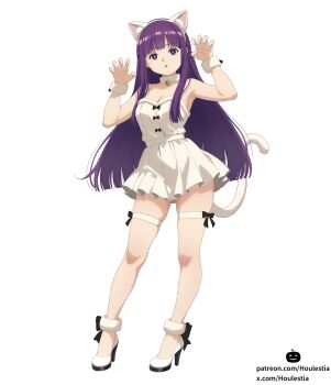 1girl :o absurdres alternate_costume animal_ear_hairband animal_ears anime_coloring armpits bare_shoulders bell breasts cat_ear_hairband cat_ears cat_tail choker cleavage collarbone commentary_request dress fake_animal_ears fern_(sousou_no_frieren) hairband hands_up high_heels highres houlestia large_breasts long_hair looking_at_viewer neck_bell patreon_username paw_pose pleated_dress purple_eyes purple_hair shoes short_dress simple_background sleeveless sleeveless_dress solo sousou_no_frieren standing straight_hair tail thigh_strap twitter_username white_background white_choker white_dress white_shoes white_wrist_cuffs wrist_cuffs