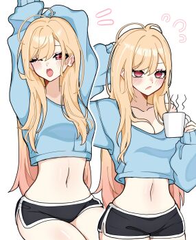 1girl absurdres arm_behind_head arms_behind_head black_shoes black_shorts blonde_hair blue_sweater blush breasts cleavage commentary cowboy_shot crop_top cup english_commentary frown hair_between_eyes highres holding holding_cup kitagawa_marin long_hair medium_breasts messy_hair midriff miovartz multiple_views navel one_eye_closed open_mouth pink_eyes shoes short_shorts shorts solo sono_bisque_doll_wa_koi_wo_suru steaming_cup stretching sweater white_background yawning