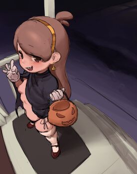 1girl absurdres ahoge black_cloak black_panties braces breasts brown_eyes brown_hair cloak earrings gloves gravity_falls hairband halloween highres jack-o&#039;-lantern jewelry loli long_hair mabel_pines navel nipples okdudelisten open_cloak open_clothes open_mouth outdoors panties shoes side-tie_panties small_breasts smile solo stomach thighhighs thighs underwear white_gloves white_thighhighs