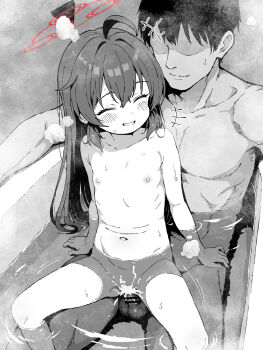 1boy 1girl ahoge bar_censor blue_archive blush censored closed_eyes completely_nude cum cum_in_pussy cum_overflow flat_chest grin halo hetero highres in_bathtub loli long_hair maki_(blue_archive) mixed-sex_bathing navel nipples nude penis red_halo reverse_upright_straddle sex sex_from_behind shared_bathing sitting smile solo_focus stomach textless_version vaginal water yuuji_overall