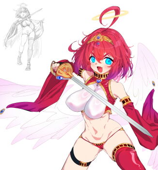 1girl absurdres ahoge angel angel_wings bare_shoulders blue_eyes breasts commentary cowboy_shot crop_top detached_sleeves double-parted_bangs english_commentary fang feathered_wings hair_between_eyes halo headpiece highres holding holding_sword holding_weapon large_breasts looking_at_viewer open_mouth original panties rayno red_hair red_panties red_sleeves red_thighhighs redrawn reference_inset short_hair simple_background single_thighhigh skin_fang smile solo_focus stomach sword thigh_strap thighhighs underwear v-shaped_eyebrows weapon white_background wings yellow_halo