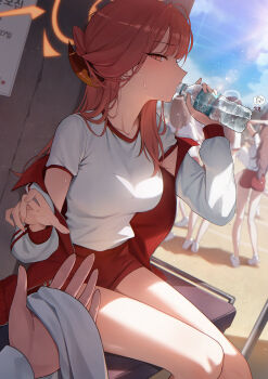 1other 5girls ? ?? absurdres aru_(blue_archive) blue_archive blush bottle breasts brown_horns collarbone commentary dated_commentary day doodle_sensei_(blue_archive) drinking fingernails gym_uniform halo highres holding holding_bottle holding_towel horns jacket large_breasts long_hair low_horns multiple_girls okkimon orange_eyes orange_halo outdoors pink_hair red_jacket red_shorts sensei_(blue_archive) shirt short_sleeves shorts sitting solo_focus sweat thighs towel water_bottle white_jacket white_shirt