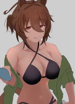 Rule 34 | 1girl, absurdres, agnes tachyon (umamusume), ahoge, bare shoulders, bikini, black bikini, breasts, brown hair, brown shirt, cleavage, closed mouth, collarbone, commentary request, criss-cross halter, grey background, hair between eyes, halterneck, highres, huge ahoge, large breasts, licking lips, off shoulder, open clothes, open shirt, ponytail, red eyes, sei (bigaa), shirt, short hair, short ponytail, short sleeves, simple background, smile, solo, swimsuit, tongue, tongue out, umamusume