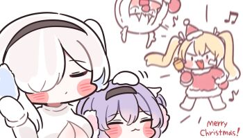 4girls :3 antlers bell blonde_hair blurry blurry_background blush breasts chibi cinderella_(nikke) cleavage cleavage_cutout closed_eyes clothing_cutout commentary drake_(nikke) earmuffs fang goddess_of_victory:_nikke hair_over_one_eye hand_up hashtag-only_commentary hat headpat holding holding_bell horns laplace_(nikke) liberalio_(nikke) loud merry_christmas mming_(mmingis18) multiple_girls musical_note open_mouth purple_hair red_nose reindeer_antlers santa_costume santa_hat short_hair simple_background smile symbol-only_commentary twintails upside-down white_background white_hair