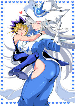 Rule 34 | 1boy, 1girl, absurdres, bare shoulders, black hair, black shirt, blonde hair, blue dress, blue pants, breasts, carrying, carrying person, closed eyes, clothing cutout, commentary request, cowboy shot, dress, duel monster, grey hair, hat, heart, highres, hip vent, large breasts, long hair, medium hair, mi manu1950, muscular, muscular male, muto yugi, pants, purple eyes, purple hair, shirt, silent magician, simple background, size difference, spiked hair, twitter username, white background, white hat, yu-gi-oh!, yu-gi-oh! duel monsters