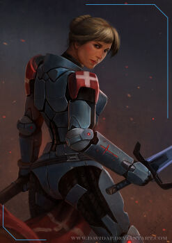 Rule 34 | 1girl, absurdres, armor, blonde hair, blue armor, blue eyes, cross, davidap, flag, from behind, gauntlets, hair bun, highres, holding, holding sheath, holding sword, holding weapon, infinity (game), jeanne d'arc (infinity), looking at viewer, looking back, pauldrons, power armor, realistic, science fiction, sheath, short hair, shoulder armor, single pauldron, solo, sword, weapon