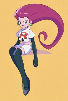 1girl bad_id bad_twitter_id black_boots black_gloves boots cropped_jacket earrings film_grain gloves green_eyes highres invisible_chair jacket jessie_(pokemon) jewelry long_hair looking_at_viewer midriff miniskirt navel nintendo no_nose pink_hair pokemon pokemon_(anime) sitting skirt solo swirl9017 team_rocket team_rocket_uniform thigh_boots thighhighs white_jacket white_skirt yellow_background zettai_ryouiki