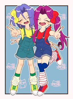 1boy 1girl androgynous blue_background blue_overalls chibi closed_eyes crossdressing crossdressing_(mtf) hair_ribbon happy highres james_(pokemon) jessie_(pokemon) macchiromomomo nintendo open_mouth overall_shorts overalls pink_hair pokemon pokemon_(anime) pokemon_(classic_anime) purple_hair ribbon shirt shoes short_twintails sneakers socks t-shirt team_rocket trap twintails