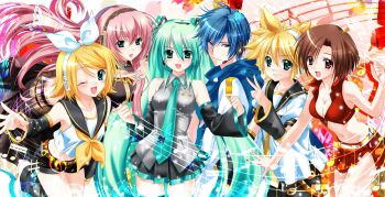 2000s_(style) 2boys 4girls aqua_eyes aqua_hair aqua_nails aqua_necktie arm_warmers blonde_hair blue_eyes blue_hair blue_scarf bow brown_hair closed_mouth hair_bow hatsune_miku headphones highres kagamine_len kagamine_rin kaito_(vocaloid) long_hair megurine_luka meiko_(vocaloid) multiple_boys multiple_girls musical_note navel necktie one_eye_closed open_mouth pink_hair red_eyes red_nails red_skirt roozaku sailor_collar scarf short_hair skirt smile twintails v vocaloid watermark yellow_nails yellow_necktie