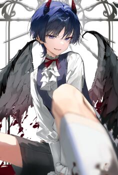1boy alternate_costume ascot black_shorts blood blood_on_clothes bloody_wings blunt_ends blurry commentary_request contemporary demon_boy demon_horns demon_wings depth_of_field formal_clothes frilled_shirt_collar frilled_sleeves frills genshin_impact grey_halo grey_vest grey_wings hair_intakes halo highres horns ike_0910 knee_up korean_commentary large_variant_set leg_focus long_sleeves lower_teeth_only male_focus mechanical_halo open_mouth parted_bangs puffy_sleeves purple_eyes purple_hair red_horns scaramouche_(genshin_impact) shirt shorts socks solo teeth torn_wings tsurime undershirt upper_body variant_set vest white_ascot white_background white_shirt white_sleeves white_socks wings wispy_bangs