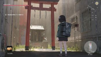 1girl architecture black_hair button_prompt case drone east_asian_architecture fake_screenshot food fox_statue gameplay_mechanics hair_ribbon heads-up_display inarizushi jacket lost_property_control_organization_(samidare) minimap protagonist_(lost_property_control_organization) ribbon rope samidare_(hoshi) shide shinto short_hair shrine shrine_bell skirt statue subtitled sushi t-6407j_(samidare) torii translated user_interface white_ribbon