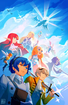 4boys 4girls alina_l animal_ears ascot axe bare_shoulders basilio_(metaphor:_refantazio) black_gloves blonde_hair blue_eyes blue_hair blue_sky book brown_hair closed_mouth cloud commentary creature dark-skinned_female dark-skinned_male dark_skin dress eupha_(metaphor:_refantazio) fairy fairy_wings floating_hair gallica_(metaphor:_refantazio) gloves grey_hair grey_horns heismay_(metaphor:_refantazio) heterochromia highres holding holding_axe holding_book holding_sword holding_weapon horns hulkenberg_(metaphor:_refantazio) jacket junah_(metaphor:_refantazio) long_hair long_sleeves metaphor:_refantazio mini_person minigirl multiple_boys multiple_girls open_clothes open_jacket open_mouth orange_eyes orange_hair pointy_ears poncho profile protagonist_(metaphor:_refantazio) red_eyes red_hair short_hair signature sky sleeveless sleeveless_dress smile strohl_(metaphor:_refantazio) sword third_eye twitter_username weapon white_ascot white_jacket wings yellow_jacket