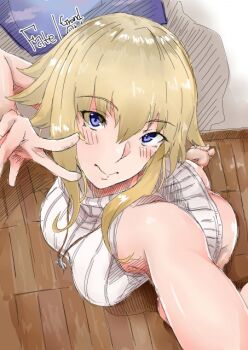 Rule 34 | 1girl, ass, barefoot, blonde hair, blue eyes, blush, bottomless, breasts, commentary request, fate/grand order, fate (series), hagunontada, jeanne d'arc (fate), jewelry, kneeling, large breasts, long hair, looking at viewer, necklace, ribbed sweater, sleeveless, sleeveless sweater, smile, solo, sweater, turtleneck, turtleneck sweater, v, white sweater