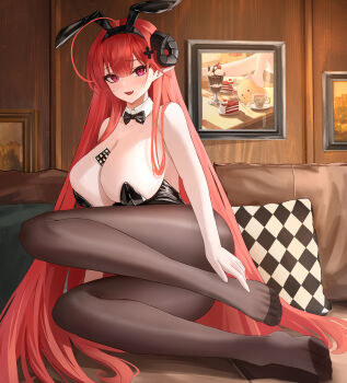 1girl :d absurdres animal_ears azur_lane bare_arms bare_shoulders between_breasts black_bow black_bowtie black_hairband black_leotard blush bow bowtie breasts commentary_request couch curled_horns detached_collar fake_animal_ears full_body hai_binggan hair_ornament hairband highres hindenburg_(azur_lane) hindenburg_(delirious_duel)_(azur_lane) horns huge_breasts indoors large_breasts leotard long_hair looking_at_viewer official_alternate_costume open_mouth pillow playboy_bunny pointy_ears rabbit_ears red_eyes red_hair sitting smile solo thighs very_long_hair