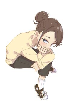 1girl 53c_(ray_cordova) black_pants black_shoes blue_eyes blush brown_hair brown_sweater commentary_request full_body hair_bun highres leaning_forward long_sleeves looking_at_viewer original pants parted_bangs ribbed_socks shoes simple_background sitting sleeves_past_wrists socks solo sweater thick_eyebrows white_background white_socks