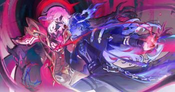 2boys antenna_hair bandage_over_one_eye bandaged_arm bandaged_chest bandaged_hand bandaged_neck bandages bandages_over_mouth belt black_bandages black_belt black_capelet black_coat black_gloves blue_fire blue_hair cape capelet chain closed_mouth coat collared_capelet commentary covered_mouth crossed_bangs english_commentary eye_contact fire flins_(genshin_impact) floating_hair genshin_impact gloves gold_trim gradient_hair grey_pants hair_between_eyes heart_(organ) highres holding_heart_(organ) long_hair long_sleeves looking_at_another male_focus medium_hair multicolored_hair multiple_boys one_eye_covered outstretched_arm pants parted_bangs profile purple_eyes purple_fire purple_shirt red_cape reneelric rerir_(genshin_impact) serious shirt sleeve_cuffs standing thigh_strap very_long_hair white_hair yellow_eyes