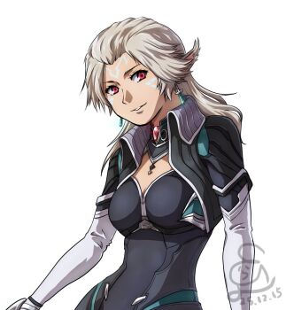 1girl animal_ears black_bodysuit bodysuit breasts cleavage cleavage_cutout clothing_cutout commentary dated earrings facial_mark grey_hair hiyorakan jewelry long_hair looking_at_viewer medium_breasts necklace neilnail_(xenoblade) red_eyes signature smile solo xenoblade_chronicles_(series) xenoblade_chronicles_x