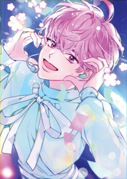 1boy ahoge bamby_(plave) commentary_request flying_sweatdrops hair_between_eyes hands_up heart heart_hands highres k-pop korean_commentary long_sleeves looking_at_viewer male_focus microphone open_mouth pink_eyes pink_hair plave ribbon rjduf666 shirt short_hair smile solo upper_body white_ribbon white_shirt
