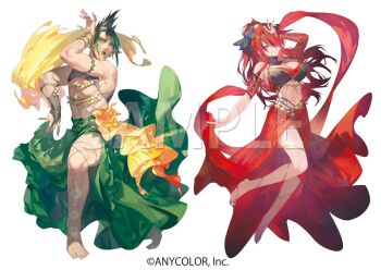 1boy 1girl abs arabian_clothes arm_garter armlet bangle bare_shoulders barefoot barefoot_sandals_(jewelry) belly_chain black_bow black_bridal_gauntlets black_collar black_hair black_nails black_shirt bow bracelet breasts bridal_gauntlets cleavage closed_mouth collar copyright_notice crop_top crossdressing crossdressing_(mtf) dancer dancing earrings eyeshadow flower flower_ornament folded_ponytail full_body girly_boy gradient_hair green_eyeshadow green_hair green_lips green_nails green_skirt grey_eyes grin hair_bow hair_over_one_eye halter_shirt halterneck hanabatake_chaika hand_up harem_outfit high_ponytail holding_shawl jewelry katou_itsuwa lain_paterson large_breasts long_hair long_pointy_ears long_skirt looking_at_viewer makeup midriff multicolored_hair multicolored_nails muscular muscular_male nail_polish nijisanji official_art orange_nails pointy_ears ponytail red_bridal_gauntlets red_hair red_shawl red_skirt rose sample_watermark shawl shirt short_hair side-by-side side_part side_slit sidelocks simple_background single_bridal_gauntlet skirt sleeveless sleeveless_shirt smile sphere_earrings standing standing_on_one_leg streaked_hair thighlet toenail_polish toenails underpec virtual_youtuber watermark white_background yellow_flower yellow_rose yellow_shawl