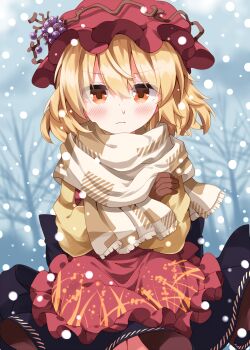 1girl aki_minoriko apron black_skirt blonde_hair blush brown_gloves brown_scarf closed_mouth commentary_request completion_time cowboy_shot day gloves grape_hat_ornament hair_between_eyes hat highres long_sleeves looking_at_viewer mob_cap orange_eyes outdoors red_apron red_hat ruu_(tksymkw) scarf short_hair skirt snot snowing solo sweater touhou winter yellow_sweater