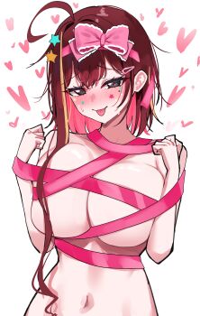 1girl :p absurdres ahoge akane_lize blush bow breast_press breasts closed_mouth commentary cowboy_shot dated_commentary double-parted_bangs grey_eyes hair_bow hair_ornament hands_up heart heart-shaped_pupils highres huge_breasts loving_aura mole mole_under_eye multicolored_hair naked_ribbon navel nose_blush pink_bow pink_ribbon raised_inner_eyebrows red_hair red_pupils ribbon short_hair_with_long_locks simple_background smile solo standing star_(symbol) star_hair_ornament star_sticker stellive sticker sticker_on_face stomach streaked_hair sweat symbol-shaped_pupils tongue tongue_out untranslatable_commentary upper_body variant_set virtual_youtuber white_background yeomhwauranyum