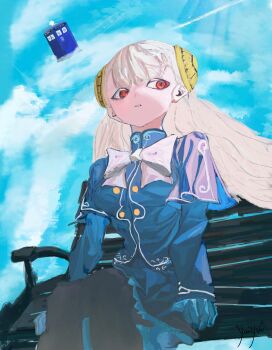 1girl absurdres bench black_pantyhose bow bowtie capcom_fighting_jam center-flap_bangs cloud cloudy_sky floating_hair frilled_skirt frills gloves hairpods highres ingrid_(capcom) jacket long_hair looking_at_viewer looking_to_the_side pantyhose park park_bench purple_jacket purple_skirt red_eyes skirt sky solo street_fighter tardis white_gloves white_hair yuiyui_(yuiyuiloveslys)