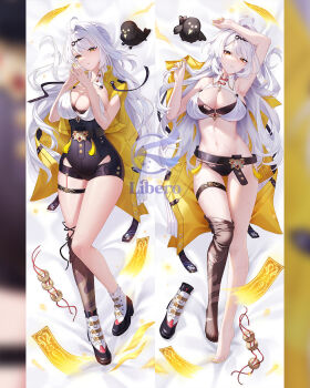 1girl 1other arm_on_own_head armpits artist_logo artist_name belt bird black_bird black_bra black_panties black_unitard bra breasts coin coin_on_string commentary dakimakura_(medium) double_dakimakura_(medium) english_commentary hair_ornament hairpin high-waist_shorts highres jacket large_breasts libero_art logo long_hair long_legs looking_at_viewer lying multiple_views navel ofuda on_back own_hands_together panties shoes shorts single_hair_intake single_thighhigh stomach sweat thigh_strap thighhighs underwear undressing unworn_clothes white_hair white_shoes yellow_eyes yellow_jacket yin_yang_pin yixuan_(zenless_zone_zero) zenless_zone_zero