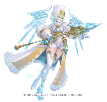 Rule 34 | 1girl, attack, blonde hair, blue eyes, breasts, brooch, cape, capelet, commentary request, copyright notice, earrings, emblem, fire emblem, fire emblem heroes, fjorm (fire emblem), fjorm (icy miracle) (fire emblem), fur-trimmed cape, fur hat, fur trim, gloves, green eyes, hat, holding, holding polearm, holding weapon, ice, ice skates, ice wings, jewelry, maeshima shigeki, medium breasts, multicolored hair, nintendo, official alternate costume, official art, parted lips, polearm, short hair, short hair with long locks, skates, solo, thighhighs, weapon, white capelet, wings