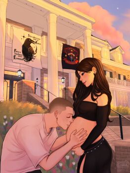 1boy 1girl artma_rie bald black_hair black_shirt black_skirt blackletter closed_eyes cloud commission couple crop_top day hetero highres husband_and_wife kiss kissing_stomach long_hair original outdoors pregnant shirt short_sleeves side_slit skirt white_shirt