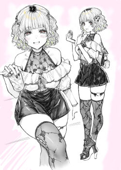 Rule 34 | 1girl, :d, beer can, belt collar, blush, bracelet, breasts, can, cleavage, collar, commentary request, cosmetics, covered collarbone, crossed legs, drink can, fang, heart, heart o-ring, high heels, highres, holding, holding can, holding lipstick tube, jewelry, lace, lace thighhighs, lipstick tube, looking at viewer, monochrome, multicolored hair, multiple views, mushi024, nail polish, o-ring, off-shoulder shirt, off shoulder, open mouth, original, pleated skirt, roots (hair), shirt, short hair, skindentation, skirt, smile, thighhighs, wavy hair, zettai ryouiki