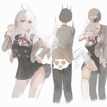 1girl 2boys ahoge alisa_mikhailovna_kujou ass blazer blue_eyes bow bowtie breasts cailin020 collared_shirt grey_hair jacket long_hair looking_at_viewer medium_breasts multiple_boys panties pleated_skirt punching red_bow red_bowtie shirt skindentation skirt thigh_gap thighhighs tokidoki_bosotto_roshia-go_de_dereru_tonari_no_alya-san underwear very_long_hair vest white_background white_panties white_shirt white_thighhighs zettai_ryouiki