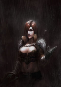 1boy 1girl bling_(wnsdud34) breasts cleavage dark gloves katarina_(league_of_legends) large_breasts league_of_legends long_hair midriff navel rain red_hair scar smile teemo